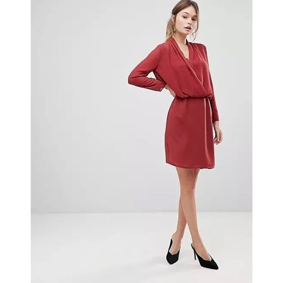Reiss Womens 4 Brick Red Long Sleeve Open Back Wrap Blousson Dress - Picture 1 of 13